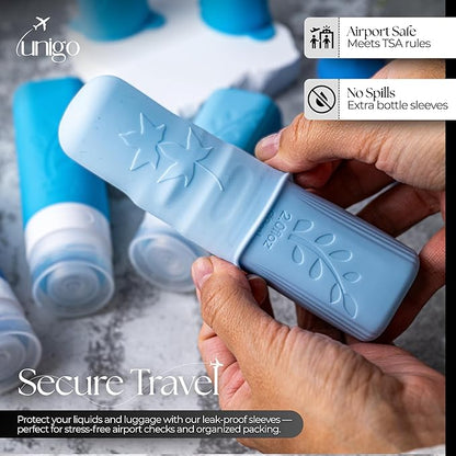 unigo 30pack Full Set TSA Approved Travel Bottles for toiletries, Travel Size Containers for Toiletries, Refillable Leakproof Shampoo and Conditioner Bottles, Toiletry Containers (Blue)