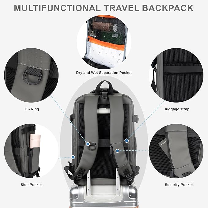 Travel Backpack for Men and Women, Flight-Approved Carry-On Backpack with Laptop Compartment; Large-Capacity Personal Item for Business, Work, School, or Weekend Trips (Gray).
