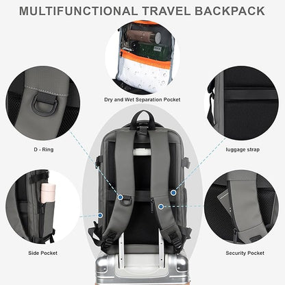Travel Backpack for Men and Women, Flight-Approved Carry-On Backpack with Laptop Compartment; Large-Capacity Personal Item for Business, Work, School, or Weekend Trips (Gray).