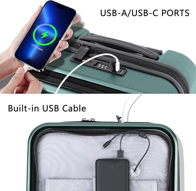 Carry On Luggage with Front Pocket & USB Port, PC Hardside 20 Inch luggage with Spinner Wheels & Built-in TSA Lock, Durable Lightweight Rolling Suitcase, Carry-On 20-Inch, Green