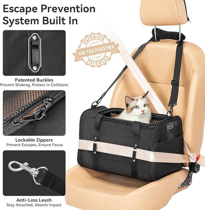 PETSFIT Cat Car Carrier for Small/Medium Cats Dogs, 18"x11"x11" Airline Approved Cat Carrier, with Patent Safety Buckles and Escape-Proof Zipper - Safeguarding Car Travel, Airplane, Vet, Outdoor