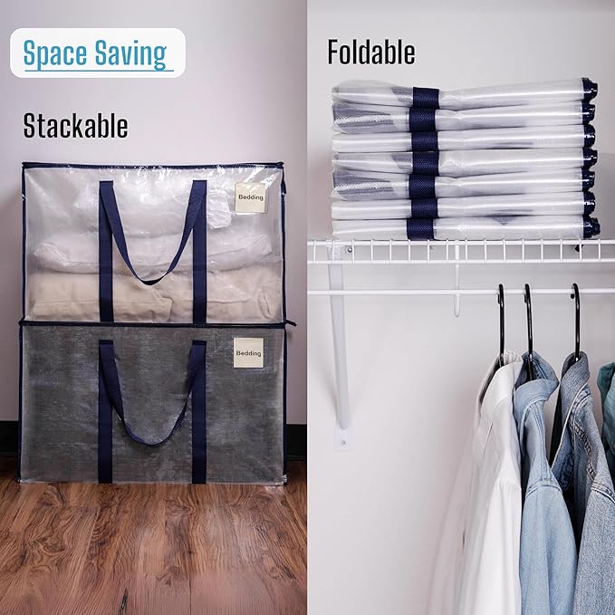 VENO 10 Pack Moving Bags and Large Christmas Decoration Storage Bins with lids. Alternative to Moving Boxes, Packing Supplies for College. Heavy Duty Totes (Clear, 10 Pack)