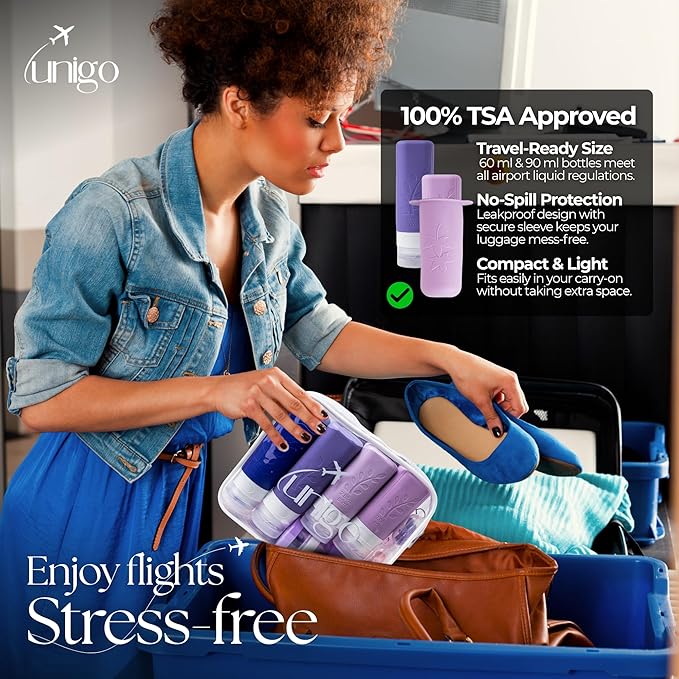 unigo 30 pack Full Set TSA Approved Travel Bottles, Travel Size Containers for Toiletries, Refillable Leakproof Shampoo and Conditioner Bottles, Toiletry Containers,Extra Bottle Sleeves (Purple)