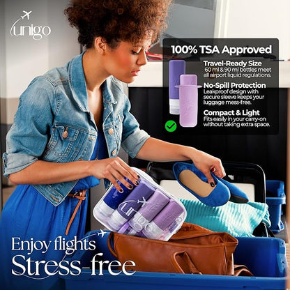 unigo 30 pack Full Set TSA Approved Travel Bottles, Travel Size Containers for Toiletries, Refillable Leakproof Shampoo and Conditioner Bottles, Toiletry Containers,Extra Bottle Sleeves (Purple)