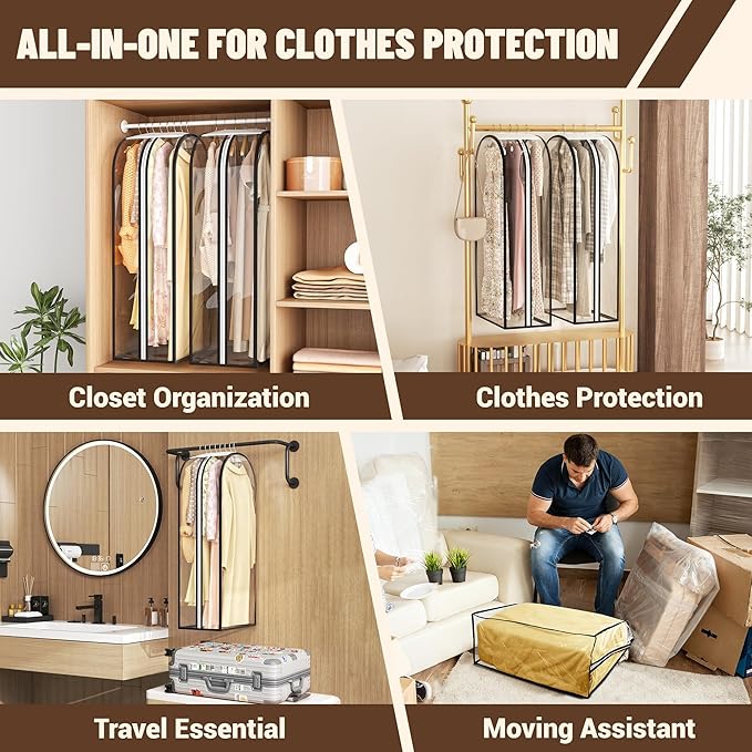 Garment Bags for Hanging Clothes 40” Long,Ultra Clear Suit Bags for Closet Storage, Moving Organization, Travel Covers with 10" Gussets for Coat, Dress, Shirt and Sweater - 3 PCS