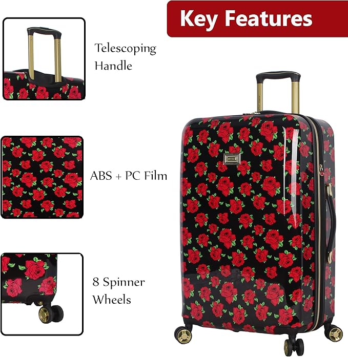 Betsey Johnson 26 Inch Checked Luggage Collection - Expandable Scratch Resistant (ABS + PC) Hardside Suitcase - Designer Lightweight Bag with 8-Rolling Spinner Wheels (Covered Roses)