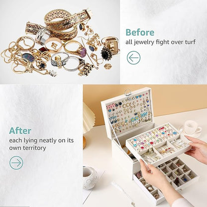 BOOVO Earring Jewelry Box For Women Girl Stud Organizer, 5 Layers Girl Jewelry Organizer Box With Lock Earring Holder Organizer Necklace Ring Jewelry Organizer Box For Girls (White, 5 layer)