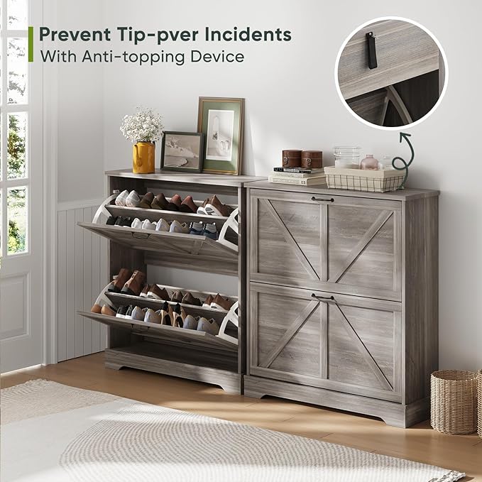 Shoe Storage Cabinet with 2 Flip Drawers, Farmhouse Narrow Shoe Cabinet Storage for Entryway, Slim Shoe Rack Cabinet with Wooden Feet, Gery