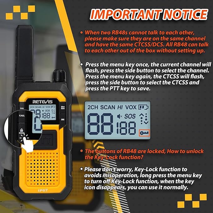 Retevis RB48 Walkie Talkies for Adults, with G-Type Earpiece, MIL-STD 810H, Advanced Triple Proof, Support VOX, 2000mAh, Emergency Alert, Vibration Reminder, Heavy Duty Two Way Radios(2 Pack)