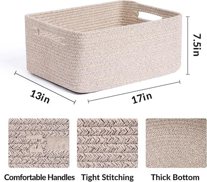 Large Storage Baskets for Shelves, Closet Organizers Bins for Clothes Blanket Towels, Baby Nursery, Toy Baskets Box, Woven Rope Baskets, 17 x 13 x 7.5”, 3 Packs Mixed Brown