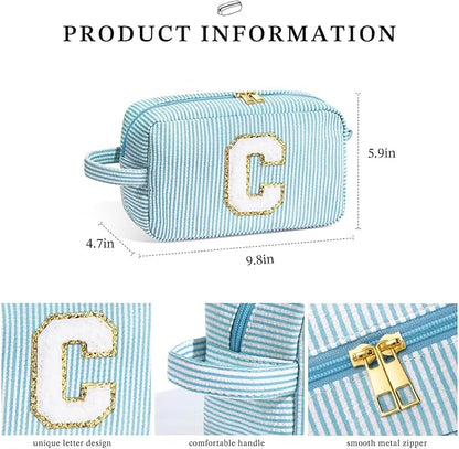 YOOLIFE Initial Makeup Bag - Personalized Monogram Cute Blue Makeup Bag Cosmetic Travel Toiletry Pouch Make Up Case for Women Mom Best Friend Bridesmaid Sister Teacher, Birthday Gifts for Women Her H