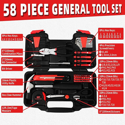 58-Piece Tool Kit Basic Home Repair Tool Set, General Household Hand Tool Kit,Small Tool Kit with Plastic Toolbox Mini Tool kit for Women, Office & College Repairs Red