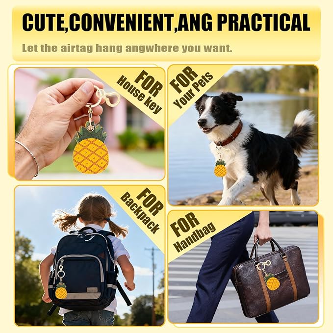 Leather Keychain for Airtag, Cute Protective Keychain Holder Compatible with Apple Air Tag,GPS Item Tracker Case Cover for Keys,Bags,Pets,Luggage(Pineapple)