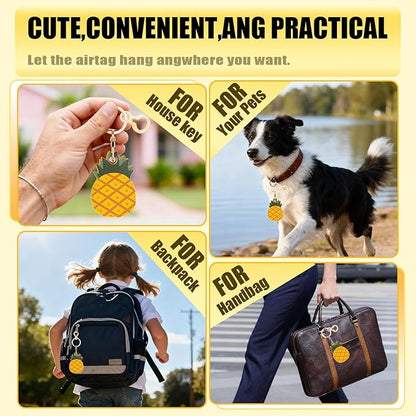 Leather Keychain for Airtag, Cute Protective Keychain Holder Compatible with Apple Air Tag,GPS Item Tracker Case Cover for Keys,Bags,Pets,Luggage(Pineapple)