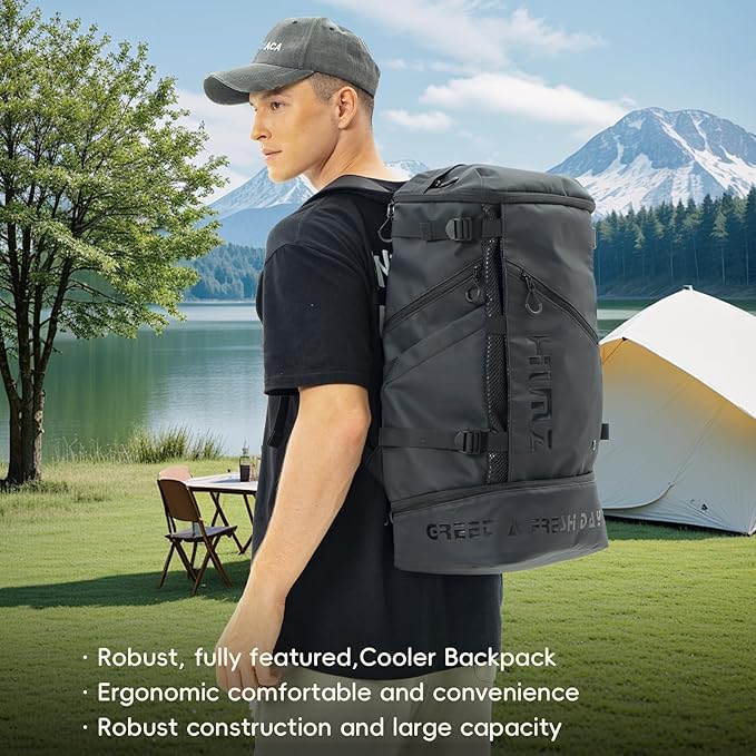 Cooler Backpack with Lunchbox Compartment for Travel Large Insulated Backpack Heavy Duty Men for Camping -17 inch Laptop Bag Carry On Backpacks for Airplane, Black