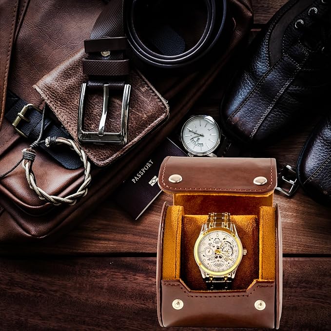 MR.OKAY Single Watch Travel Case- Classic Leather Watch Case With Superb Texture.Portable Watch Roll Or Organizer For Storage And Display. Men's Great Gift For Traveling, 100% Handmade by Artisans.