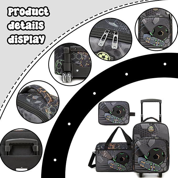 Kids Football Luggage with Wheels Suitcases Travel Softside Suitcases 16" Carry on Suitcase with Duffle Bag Luggage Sets Airline Approved