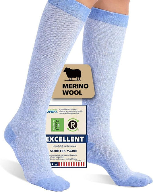 Merino Wool Compression Socks for Women Men, 15-20 mmHg Knee High Socks for Flying, Travel, Running