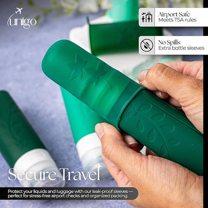 unigo Travel Bottles For Toiletries, TSA Approved Containers, Travel Size Toiletries, Shampoo and Conditioner Bottles, Leak Proof and Refillable Bottles, BPA Free, Extra Bottle Covers (Green)