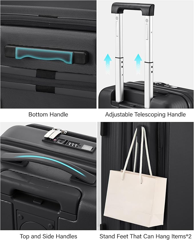 Hanke 20 Inch Expandable Carry On Luggage Airline Approved Top Opening Travel Luggage Rolling Suitcase with Cup Holder Hard Shell Suitcases with Wheels (Jet Black)