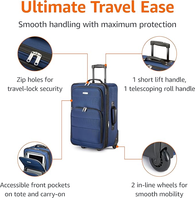 Amazon Basics Luggage Sets, Carry-On 23-Inch, tote 15-Inch, Suitcase With Wheels, Expandable Extra Space (+15%), Front Pockets and Telescopic Handle, Navy Blue