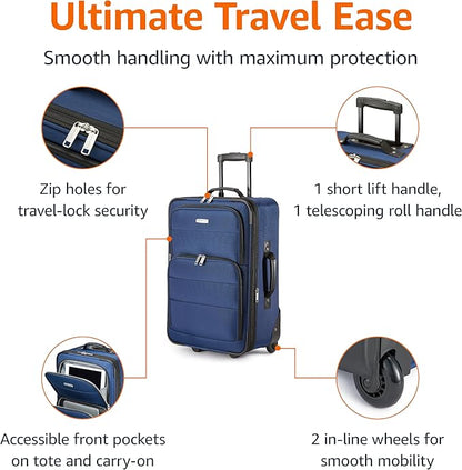 Amazon Basics Luggage Sets, Carry-On 23-Inch, tote 15-Inch, Suitcase With Wheels, Expandable Extra Space (+15%), Front Pockets and Telescopic Handle, Navy Blue
