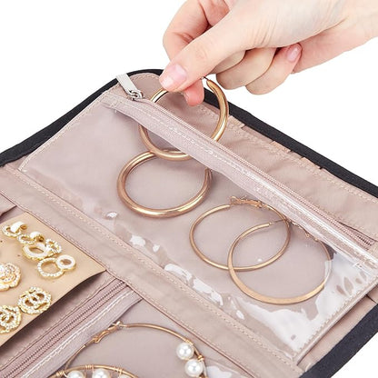 BELALIFE Travel Jewelry Case Organizer, Medium Foldable Storage Roll for Earrings, Necklaces, Rings, Bracelets, Brooches, Black