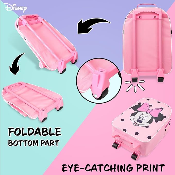 Disney Kids Rolling Luggage 16×11 in, 16‑L Carry‑On Suitcase with Wheels, Foldable Lightweight Travel Bag, Gifts for Kids (Pink Minnie)