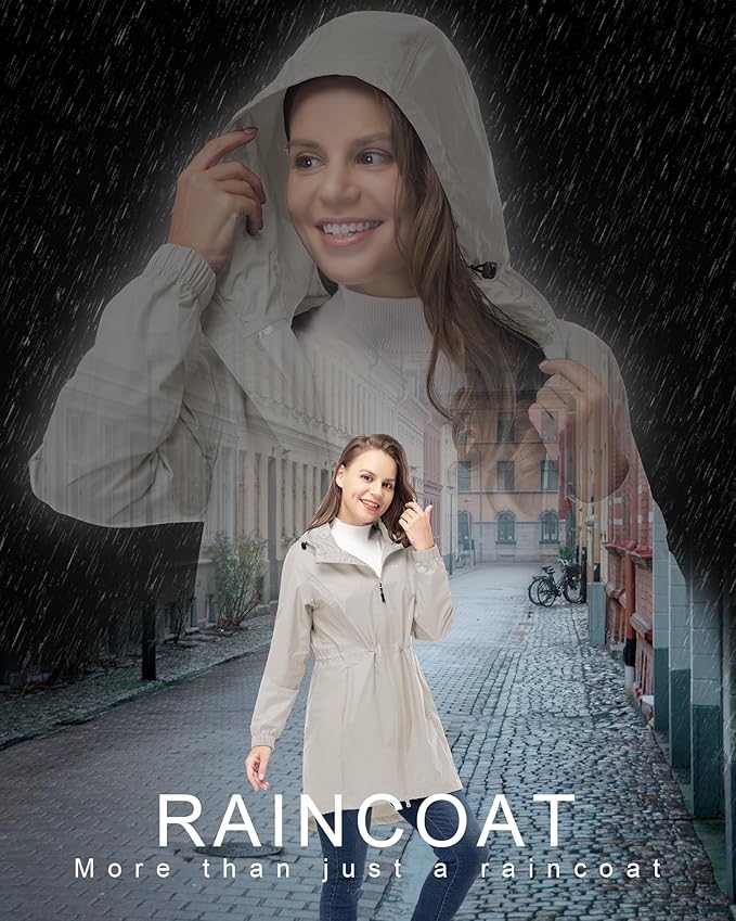 33,000ft Women's Waterproof Long Rain Coats Packable Rain Jacket with Hood Trench Coats Windbreaker