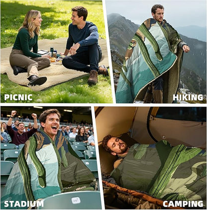 Outdoor Camping Blanket with Sherpa Lining, Extra Warm Thick Camp Blankets and Puffy Ultralight Soft Poncho DWR Camping Quilt for Cold Weather, Adventure, Sleeping, Backpacking 78"x 56"