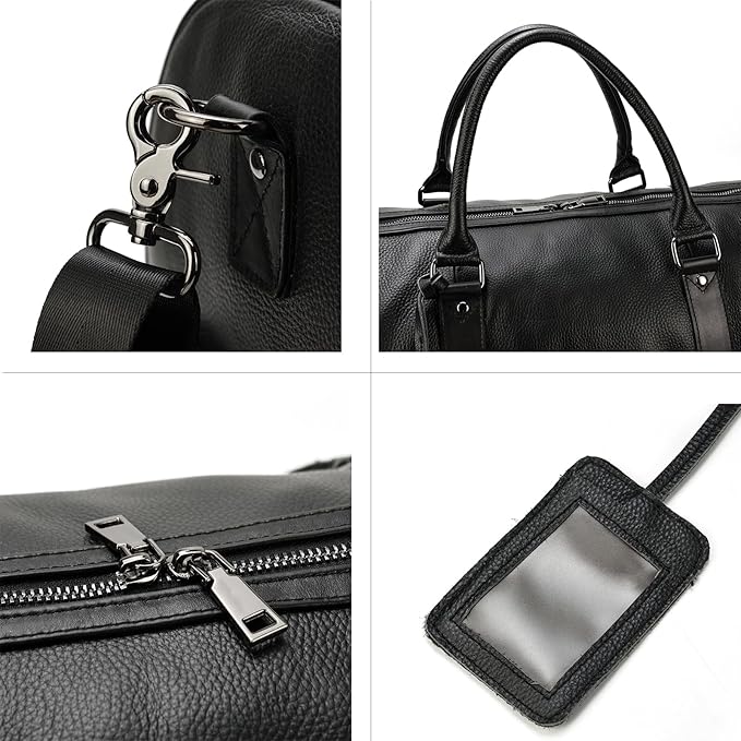 Leather Travel Bag Large Capacity Luggage Duffel Bag with Shoe Compartment, Men Women Weekend Shoulder Handbag for Holiday Business Trip (55cm-Black)