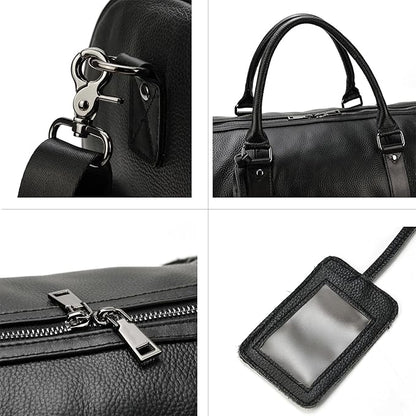 Leather Travel Bag Large Capacity Luggage Duffel Bag with Shoe Compartment, Men Women Weekend Shoulder Handbag for Holiday Business Trip (55cm-Black)