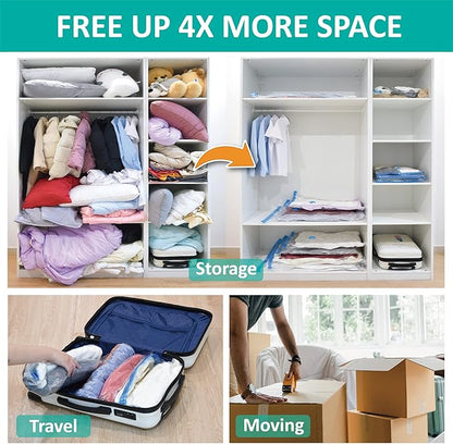 16 Pack Vacuum Storage Bags, Space Saver Bags (2Jumbo/2Large/3Medium/3Small/6Roll) Compression Storage Bags for Comforters and Blankets, Vacuum Sealer Bags for Clothes Storage, Hand Pump Included