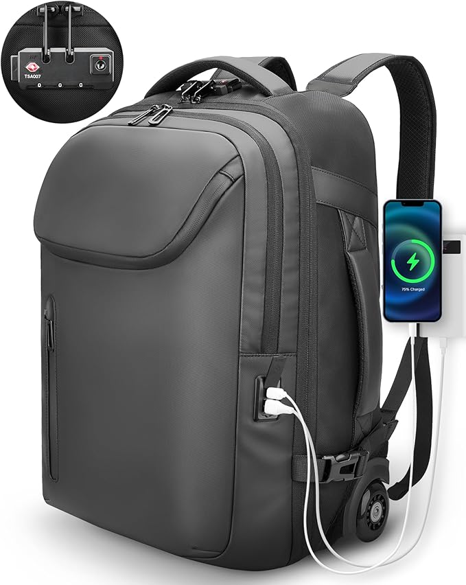 Large Rolling Backpack for Women&Men, 50L Work Backpack with Wheels,17 inch Laptop Backpack with USB Port,TSA Lock Carry On for Business, Travel, College, Teacher