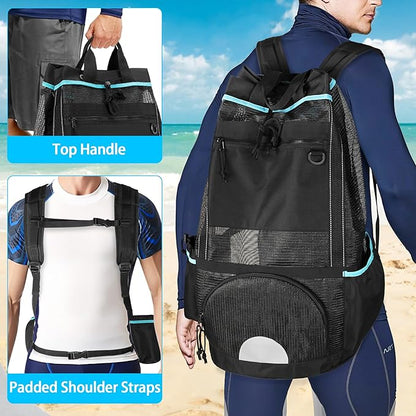 Fasrom Scuba Diving Backpack, XL Mesh Dive Bag for Snorkeling Gear, Mask, Fins, Snorkel, with Shoe Compartment and Wet & Dry Separation, Black