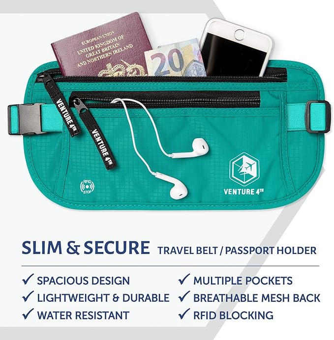 VENTURE 4TH Money Belt for Travel – Hidden Under-Clothes RFID Blocking Passport Holder & Slim Travel Wallet Pouch for Men & Women to Protect Cash, Cards & Documents (Turquoise)