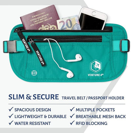 VENTURE 4TH Money Belt for Travel – Hidden Under-Clothes RFID Blocking Passport Holder & Slim Travel Wallet Pouch for Men & Women to Protect Cash, Cards & Documents (Turquoise)