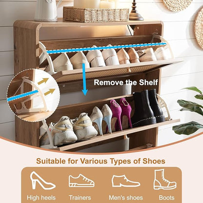 Rattan Shoe Cabinet with 3 Flip Drawers, 24 Pairs Narrow Shoe Storage Cabinet for Entryway Freestanding Hidden Shoe Rack, Modern Slim Wood Shoe Organizer for Hallway, Natural