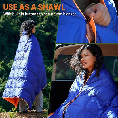 Down Puffy Blanket for Car Camping Outdoor Travel Backpacking, Duck Down Lightweight Portable Soft Warm Cozy Camping Blanket Quilt, 53"x78", Lake Blue