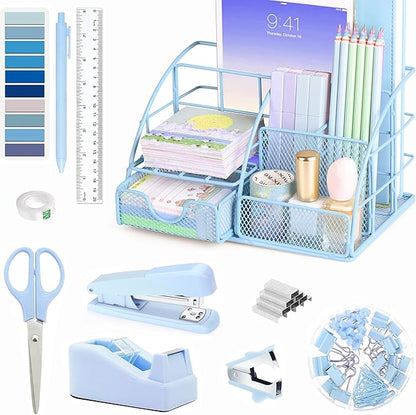 Blue Office Desk Accessories Supplies, 10pcs Desk Organizers and Accessories with Tape Dispenser and Stapler,Staples,Scissor,Ruler,Sticky Tabs,Tape,Ballpoint Pen,Clips Set