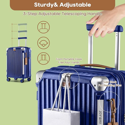 Joyway 20in Carry On Luggage with Cup Holder and USB Port, 25% Expandable Capacity, Smart Suitcase with Anti Slip Wheels and Handbag, Perfect for Men and Women 3 Piece Set Blue