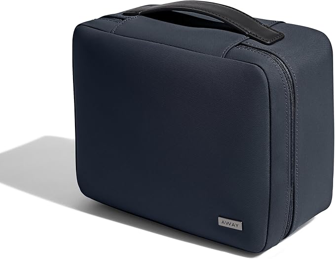 Away Cosmetics Bag, Makeup Bag with Detachable Brush Roll, Waterproof, Clear Zip Pockets, Travel Friendly, Navy Blue