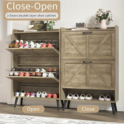 Shoe Storage Cabinet with 2 Flip Drawers, Hidden Shoe Cabinet Storage for Entryway Slim, Farmhouse Shoe Organizer Entryway with Wood Legs, Narrow Shoe Rack Cabinet, Rustic Oak