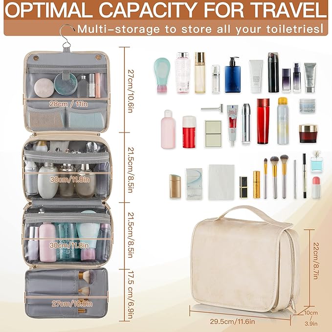 Elviros Hanging Travel Toiletry Bag for Women,3-in-1 Large Makeup Bag and Cosmetic Organizer,Vegan Leather Waterproof Skincare Case for Travel Size Toiletries and Accessories,Gift for Women