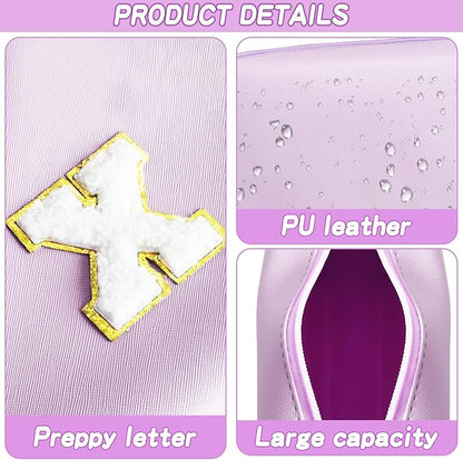 Gifts for Girls Initial Makeup Bag Personalized Cosmetic Bag with Zipper Cute Travel Toiletry Bag Waterproof PU Preppy Makeup Pouch Birthday Gift for Teen Girls Women(Purple X)