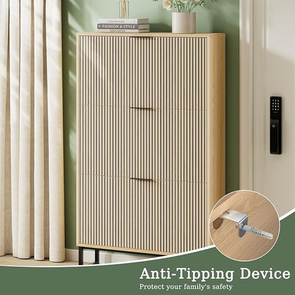 Shoe Cabinet Storage with 3 Flip Drawers, Shoe Organizer Cabinet for Entryway Slim, Modern Freestanding Hidden Shoe Rack Organizer Shoe Cupboard for Hallway, Natural Wood