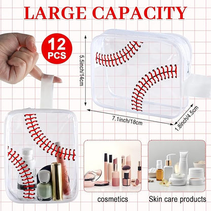12 PCS Baseball Cosmetic Bags Baseball Gift Accessories Bags Goodie Snack Makeup Pouch Bag Waterproof Clear PVC Travel Bag with Zipper for Girls Valentine Team Gifts Player Sport Party Favors