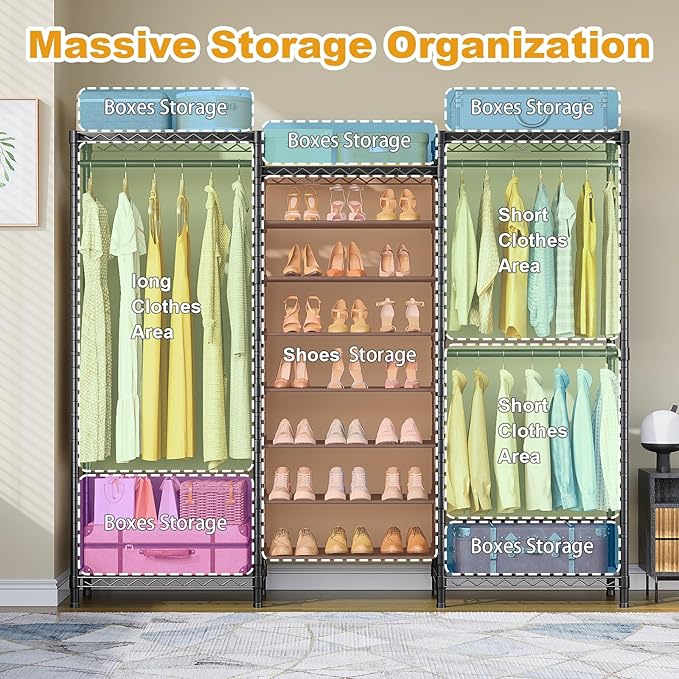 E16 Heavy Duty Clothing Rack（with 7-Tier Adjustable Shoe Rack） Freestanding Clothes Rack for Hanging Clothes，Metal Closet Storage Organizer Large Wardrobe，69'' W x 15.8'' D x 76.2'' H，Black