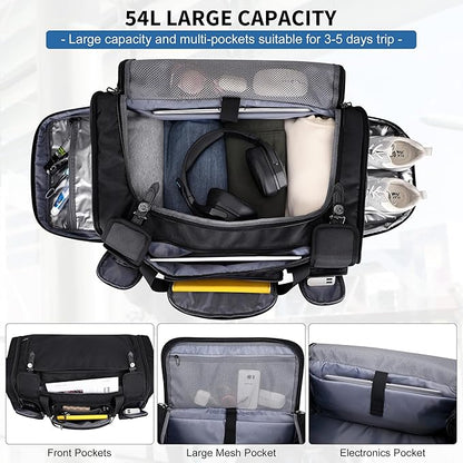 WITZMAN Duffle Bag for Men Large Carry On Weekender Bag 54L Nylon Duffle Gym Bags for Travel with Shoes Compartment(B717 Black)