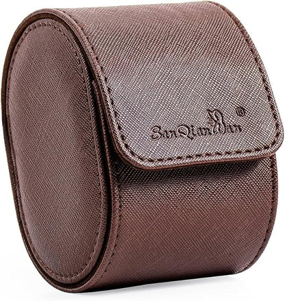 SANQIANWAN Single Travel Storage Watch Roll Portable PU Leather Watch Case Box for Men with Button Style Removable Watch Pillow Watch Display Roll (Brown)